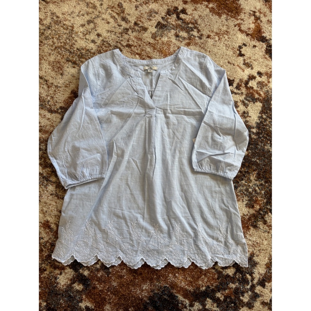 Croft & Barrow Blue White Pinstripe Embroidered Scallop Hem Cotton Tunic XL NWT